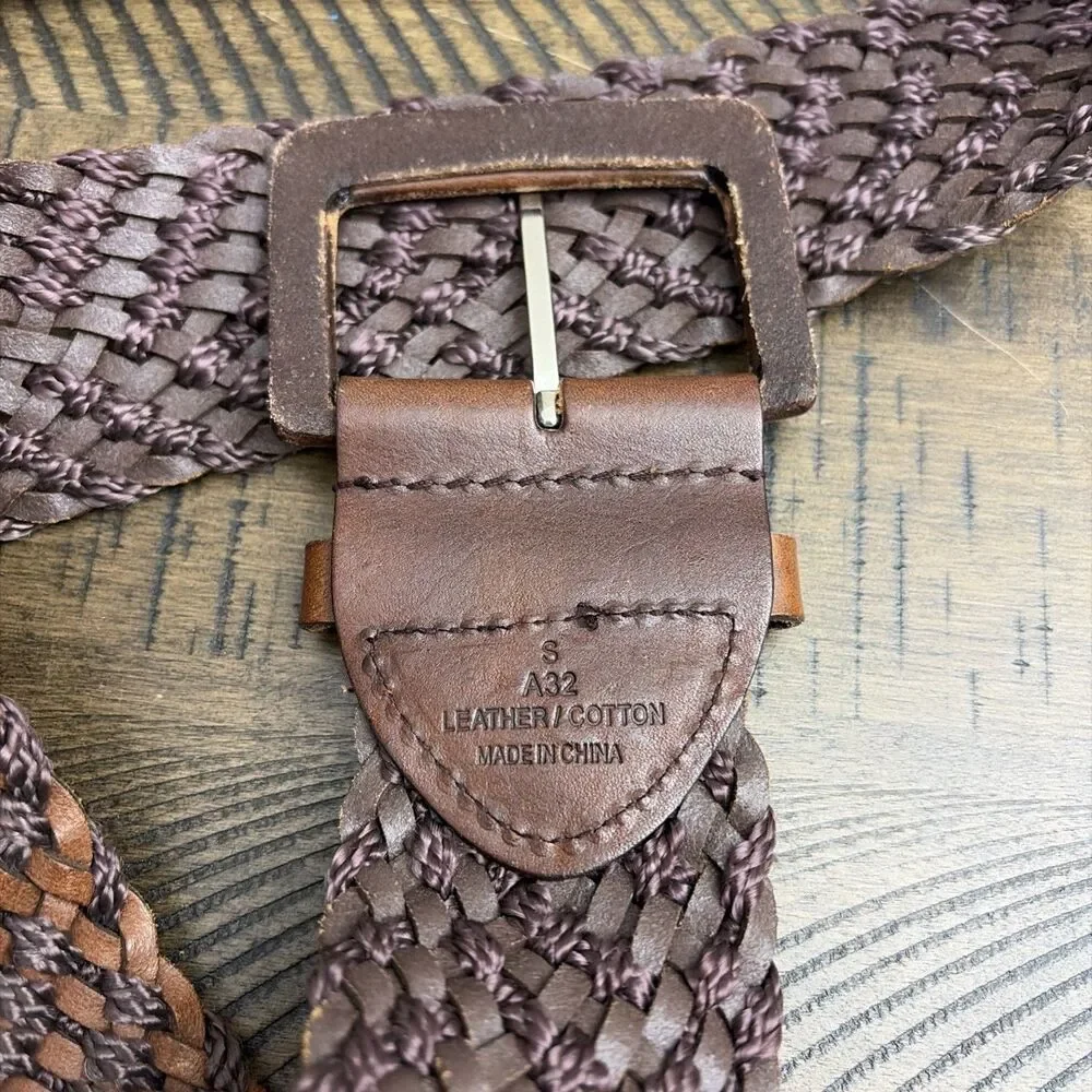Vintage Woven Leather Cotton Belt Wide Brown Boho Western Women Size S